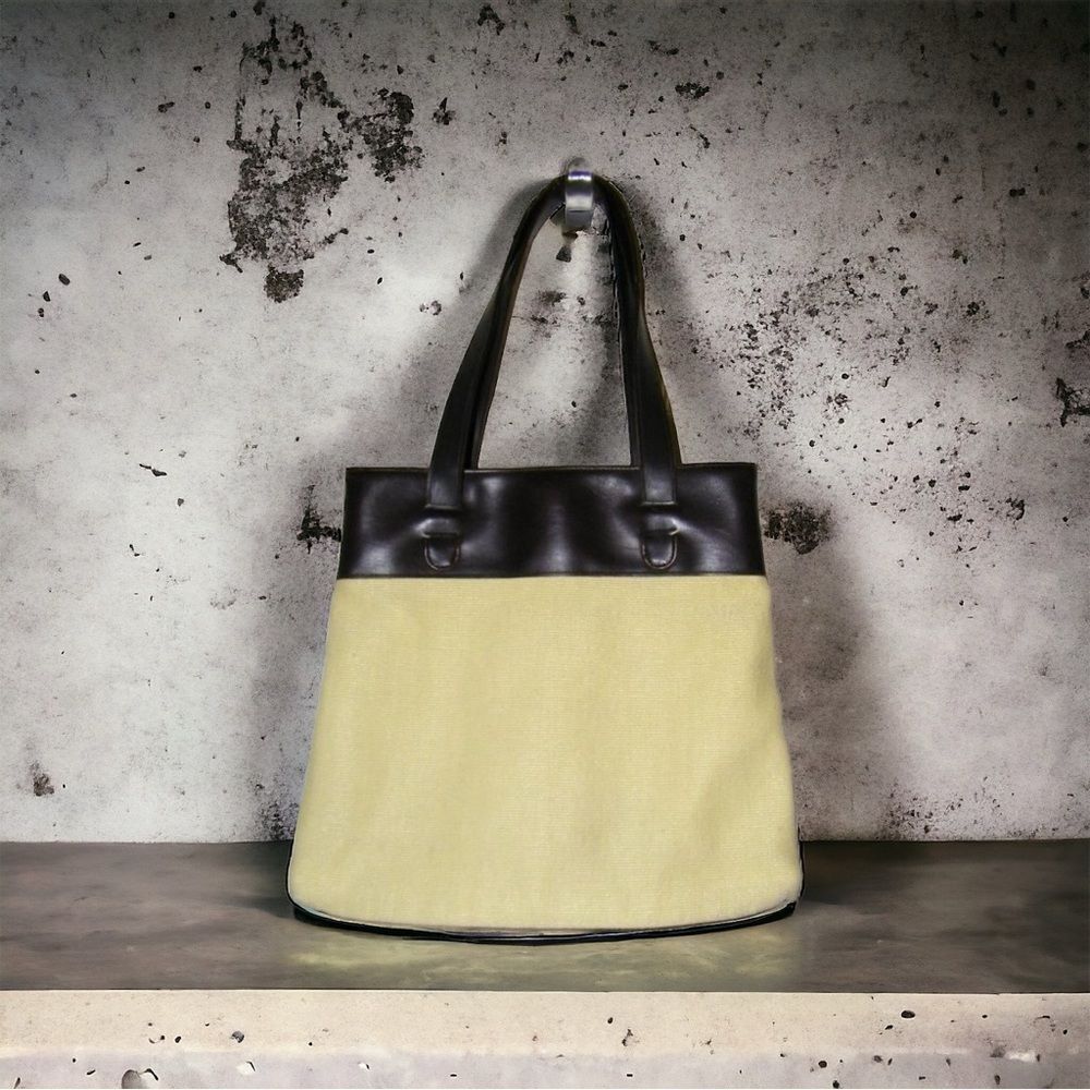 Vintage LIZ CLAIBORNE Large Woven Tote Shoulder Beige Dark Brown Leather Trim